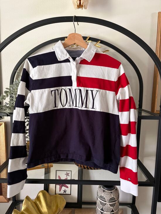Tommy Hilfiger Tops - Tommy Hilfiger Rugby Shirt Womens Small Red White Blue Spellout Long Sleeve